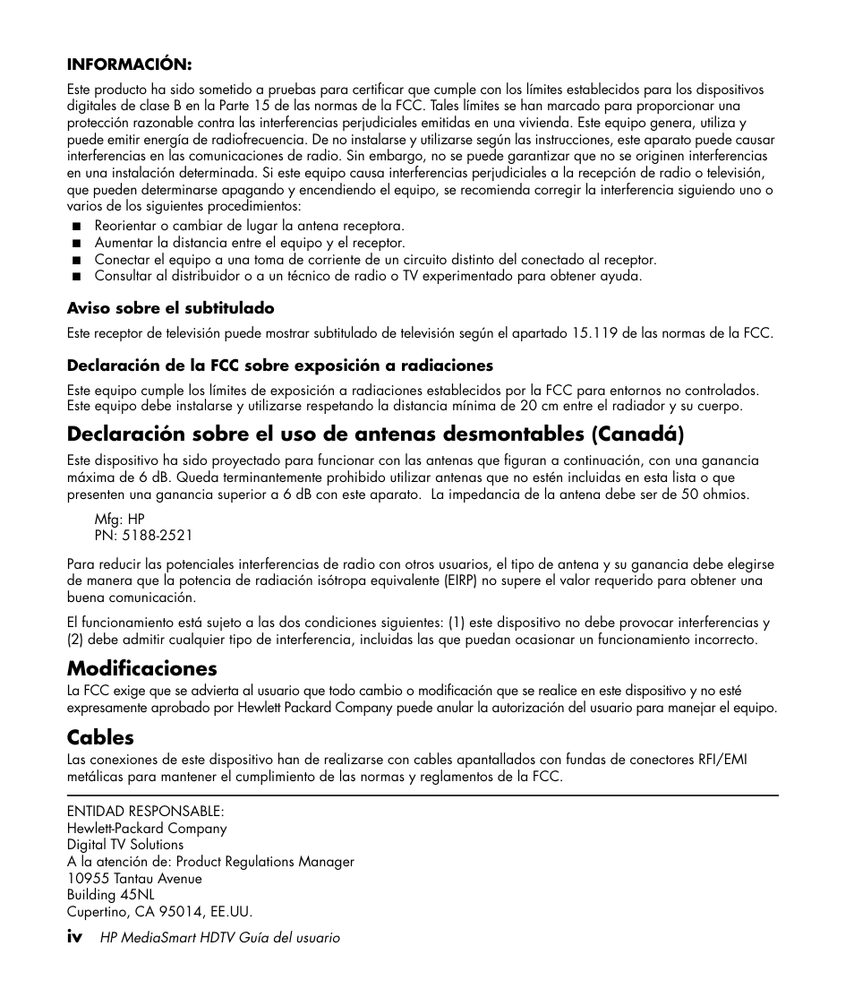 Modificaciones, Cables | HP MediaSmart SLC3760N User Manual | Page 210 / 310