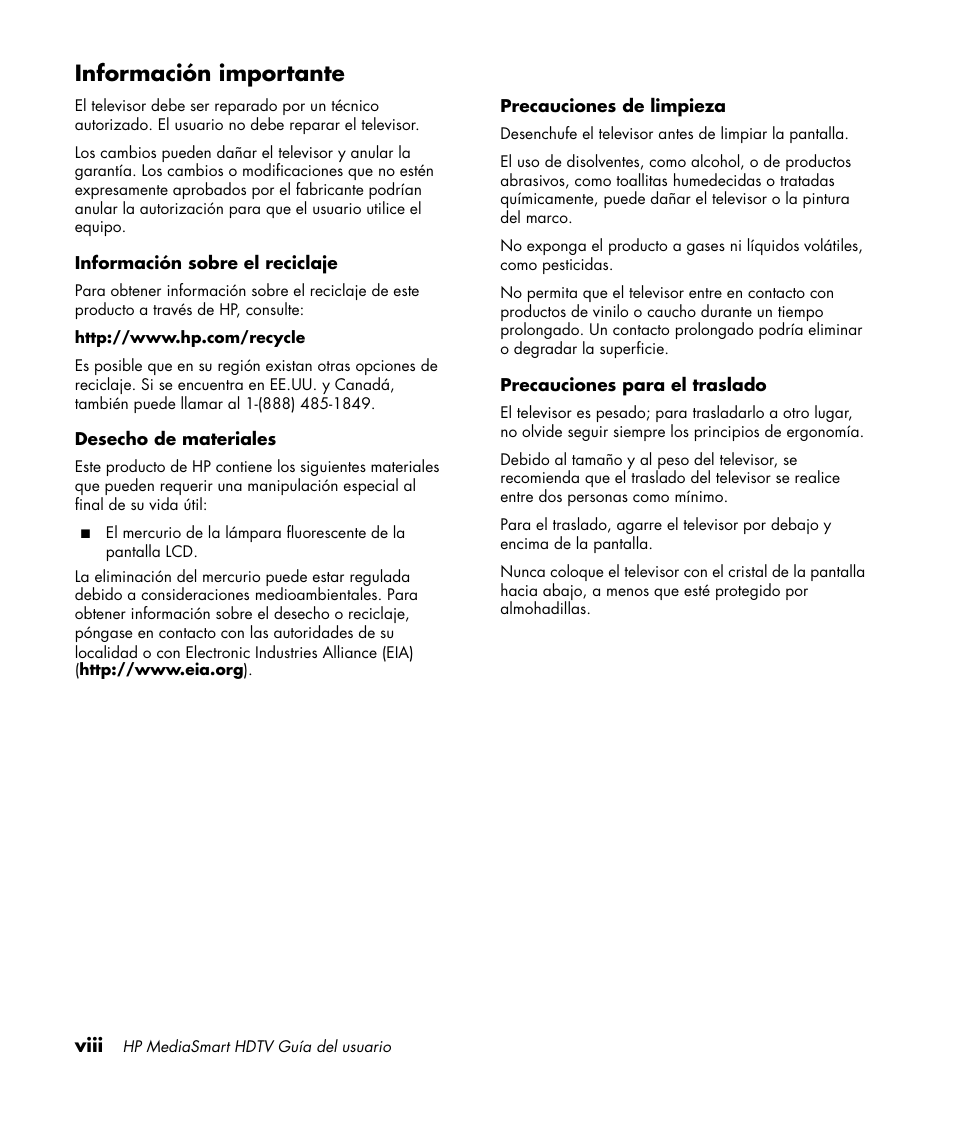 Información importante | HP MediaSmart SLC3760N User Manual | Page 214 / 310