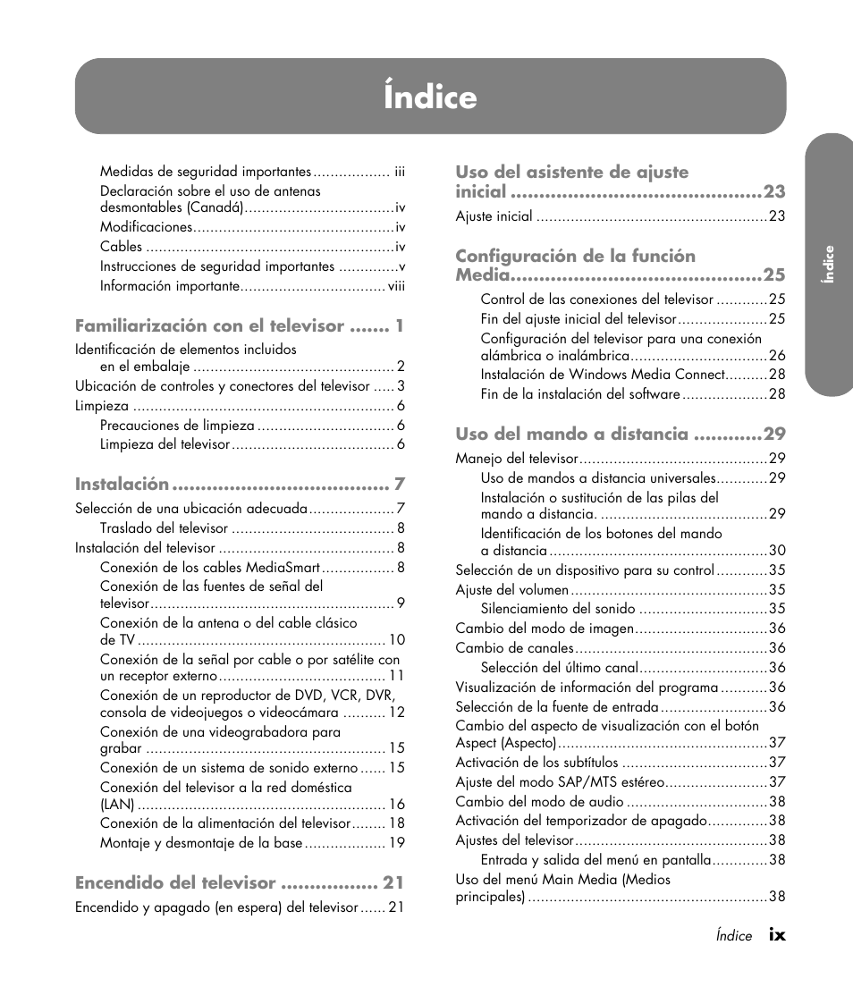 Índice | HP MediaSmart SLC3760N User Manual | Page 215 / 310