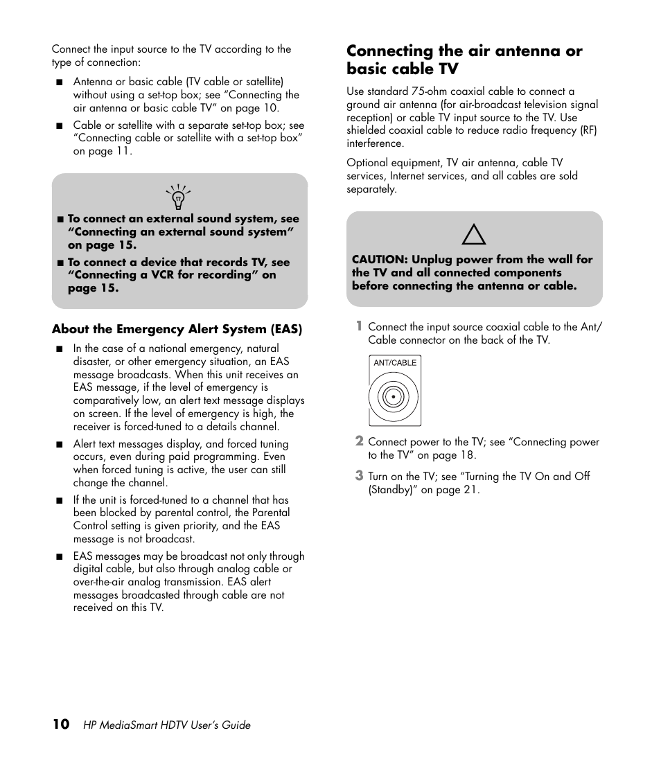 Connecting the air antenna or basic cable tv | HP MediaSmart SLC3760N User Manual | Page 22 / 310