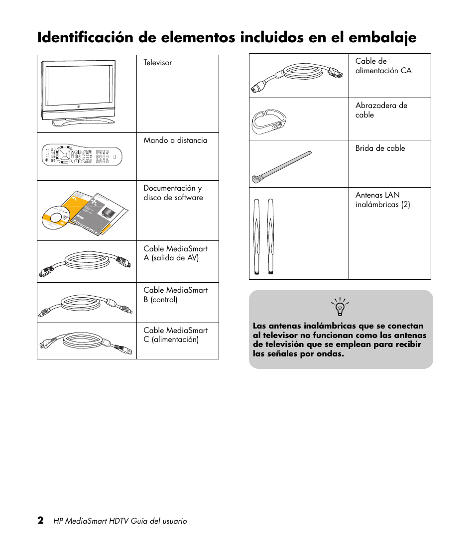 Identificación de elementos incluidos, En el embalaje, Hp mediasmart hdtv guía del usuario | Tv aud stb dvd options cc aspect sap, Pa g e, Con nect yo, User’ s guide | HP MediaSmart SLC3760N User Manual | Page 220 / 310