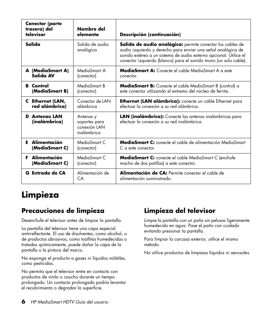 Limpieza, Precauciones de limpieza, Limpieza del televisor | Precauciones de limpieza limpieza del televisor | HP MediaSmart SLC3760N User Manual | Page 224 / 310