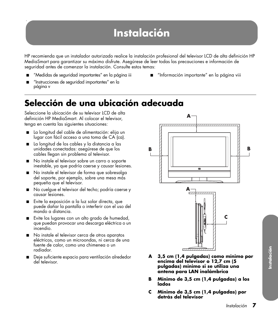 Selección de una ubicación adecuada, Instalación | HP MediaSmart SLC3760N User Manual | Page 225 / 310