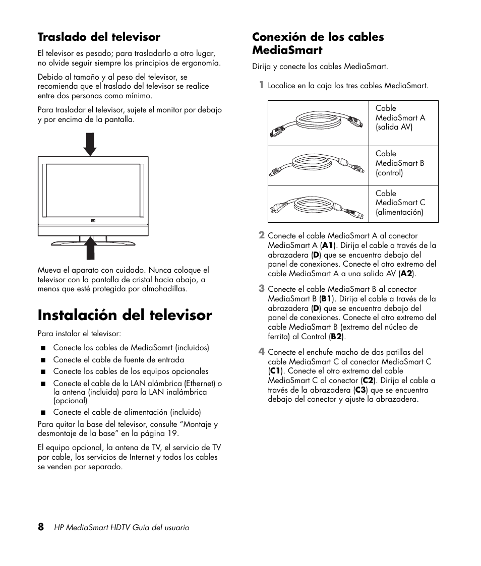 Traslado del televisor, Instalación del televisor, Conexión de los cables mediasmart | HP MediaSmart SLC3760N User Manual | Page 226 / 310