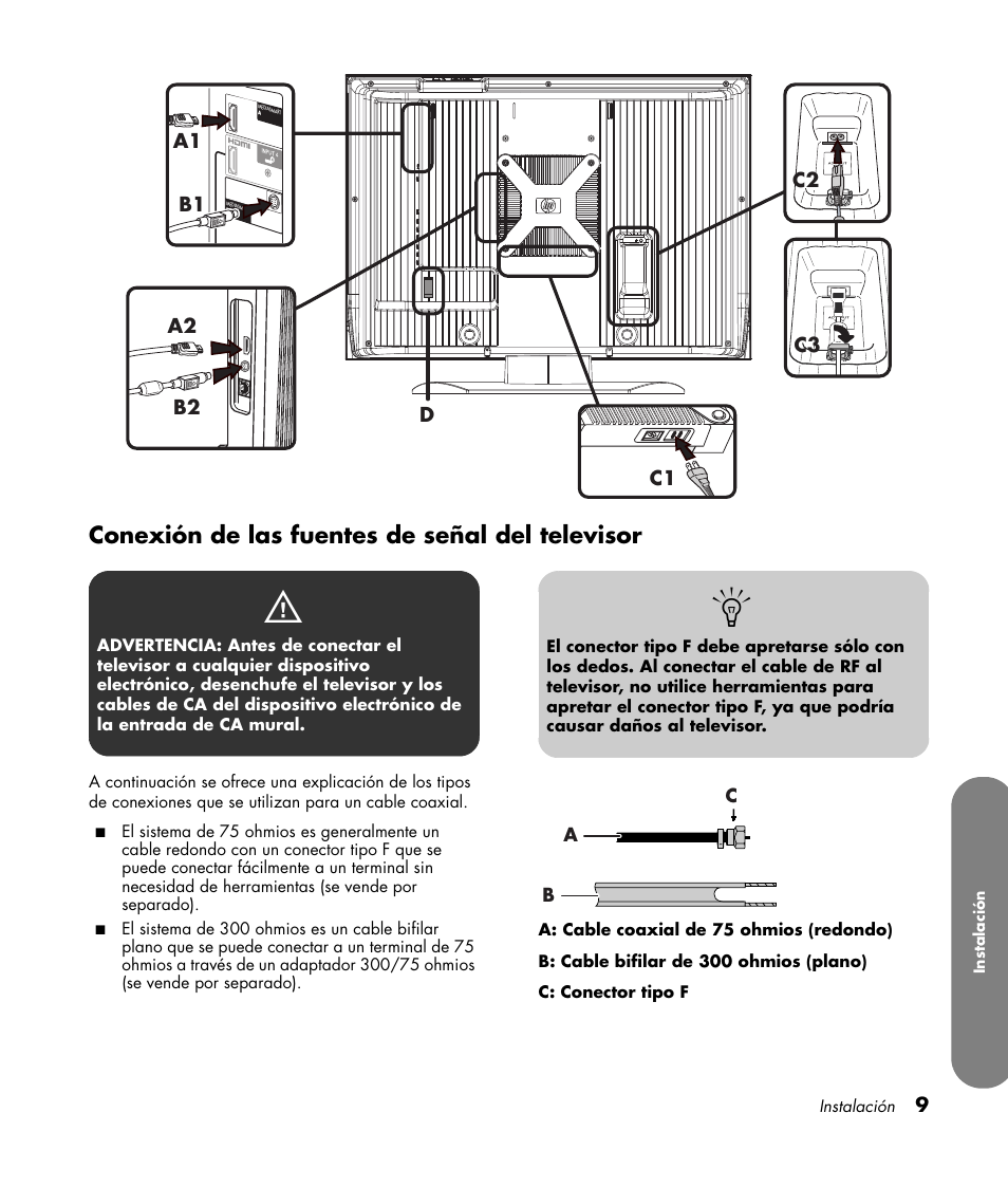 Conexión de las fuentes de señal del televisor, Ab c | HP MediaSmart SLC3760N User Manual | Page 227 / 310