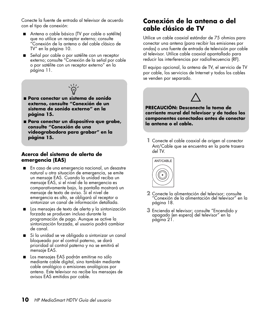 Conexión de la antena o del cable clásico de tv | HP MediaSmart SLC3760N User Manual | Page 228 / 310