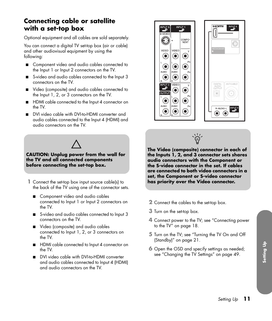 Connecting cable or satellite with a set-top box | HP MediaSmart SLC3760N User Manual | Page 23 / 310