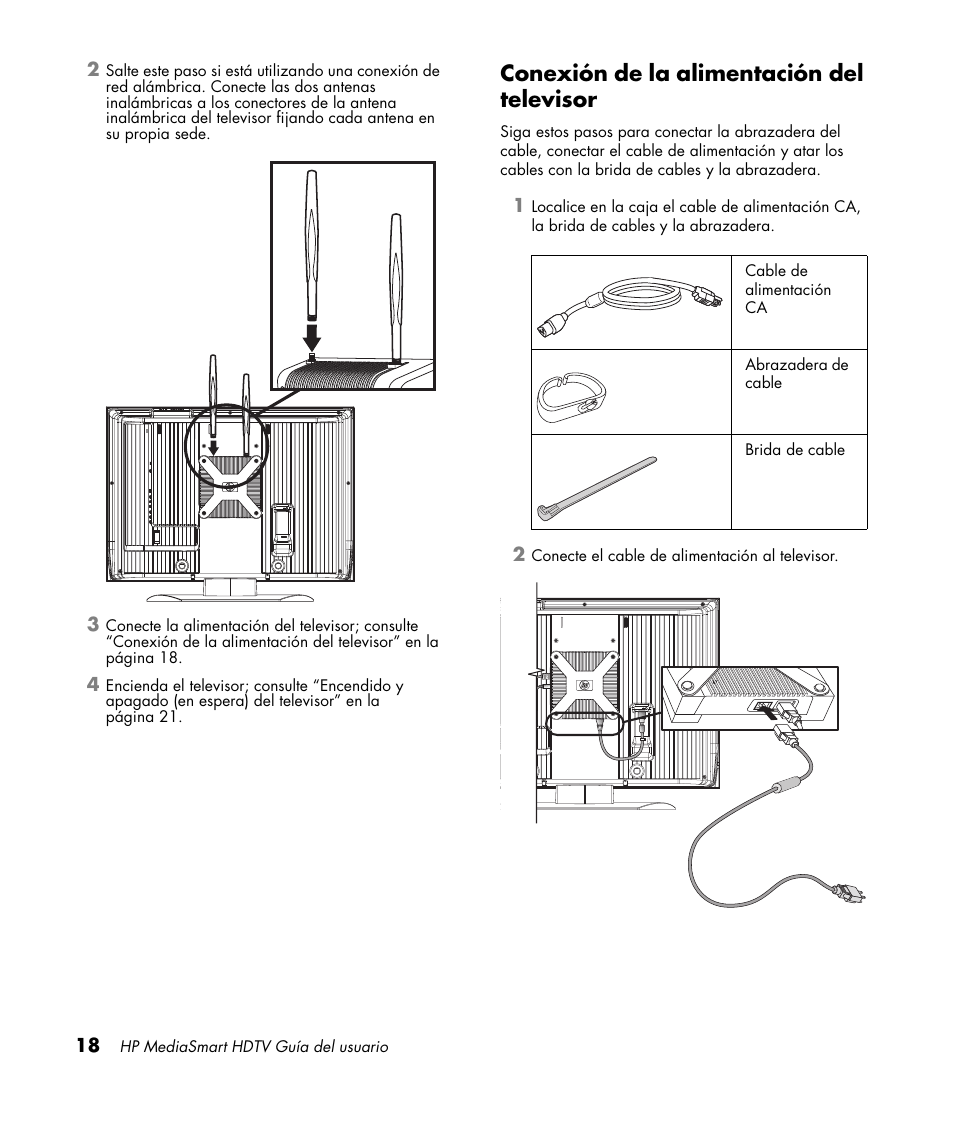 Conexión de la alimentación del televisor, Conexión de la alimentación del televisor” en la | HP MediaSmart SLC3760N User Manual | Page 236 / 310