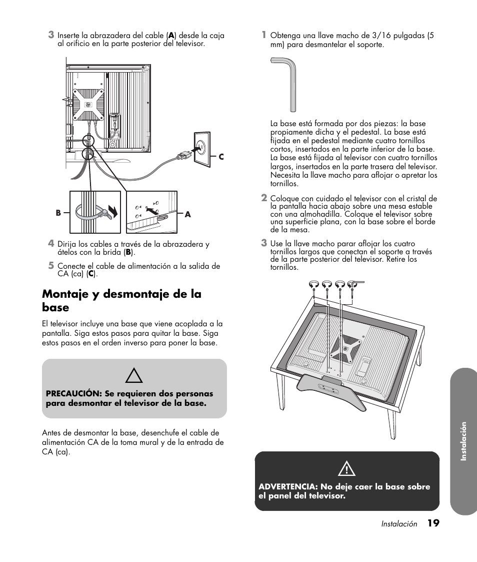 Montaje y desmontaje de la base | HP MediaSmart SLC3760N User Manual | Page 237 / 310