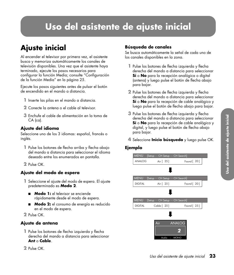 Ajuste inicial, Uso del asistente de ajuste inicial | HP MediaSmart SLC3760N User Manual | Page 241 / 310