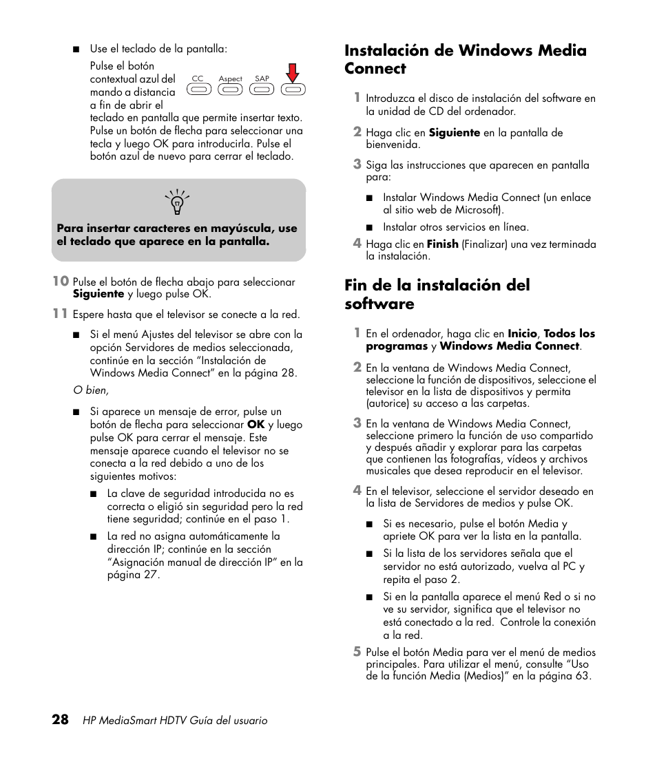 Instalación de windows media connect, Fin de la instalación del software | HP MediaSmart SLC3760N User Manual | Page 246 / 310