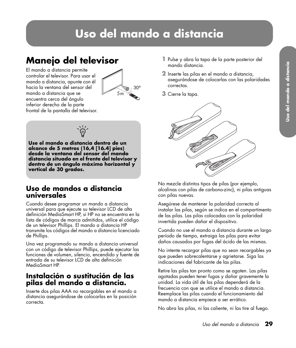 Manejo del televisor, Uso de mandos a distancia universales, Uso del mando a distancia | HP MediaSmart SLC3760N User Manual | Page 247 / 310