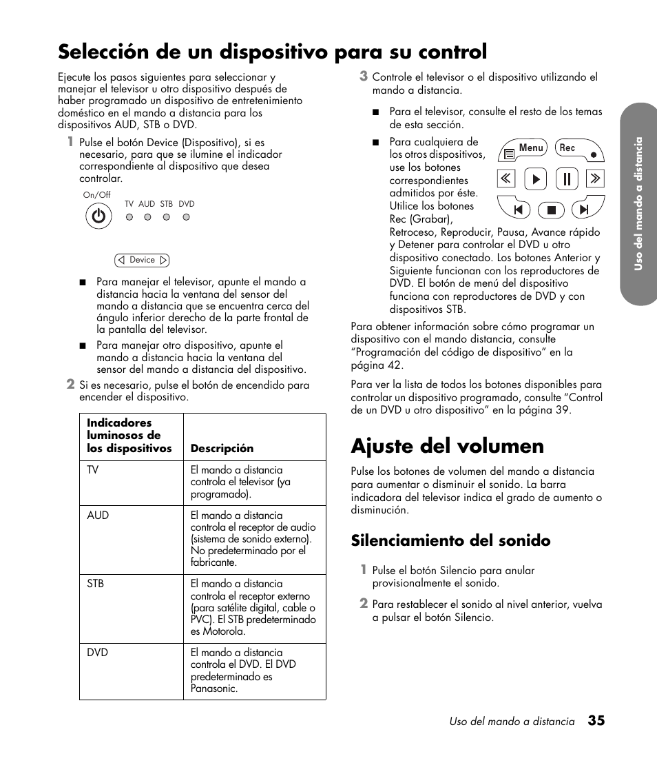 Selección de un dispositivo para su control, Ajuste del volumen, Silenciamiento del sonido | HP MediaSmart SLC3760N User Manual | Page 253 / 310