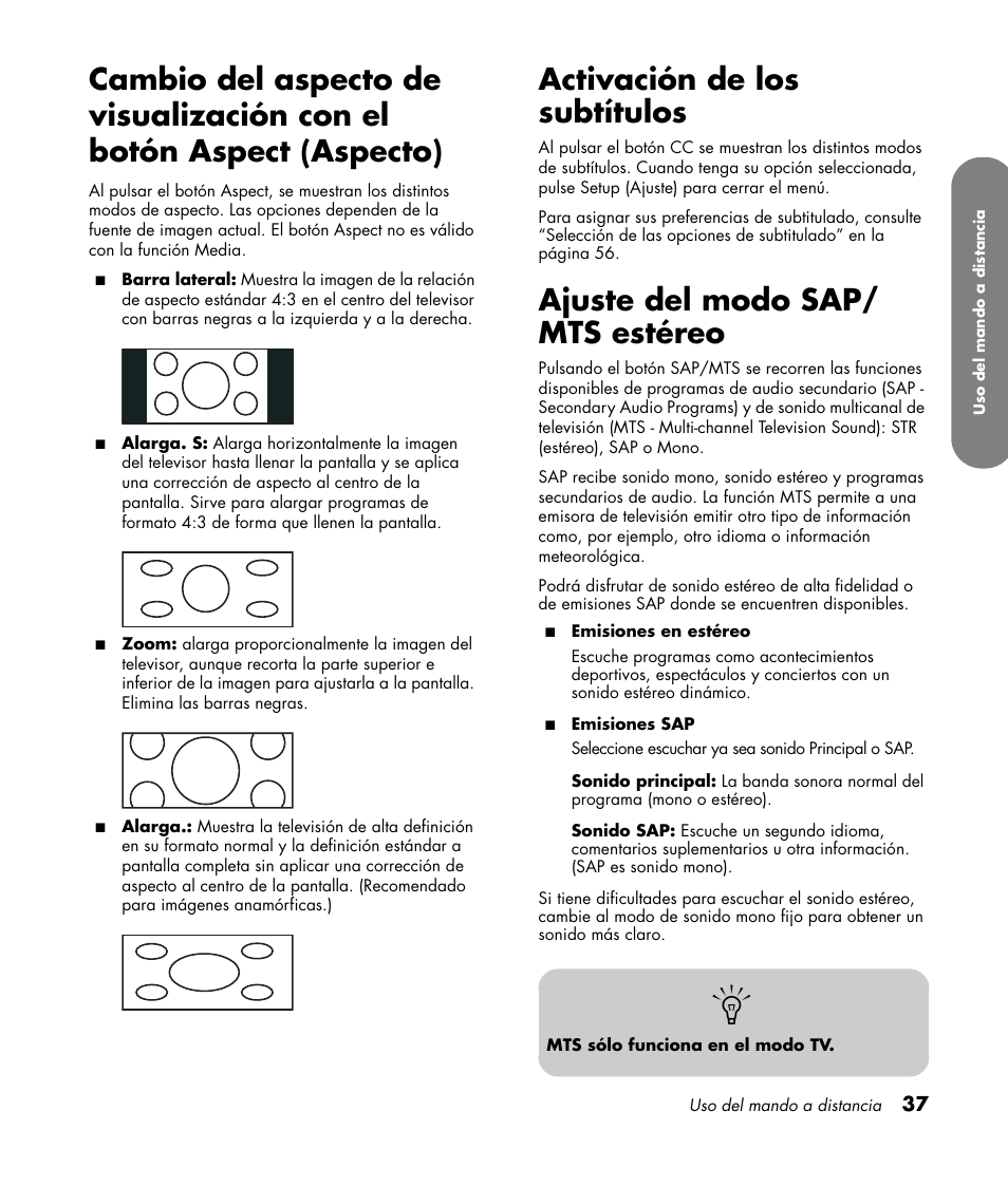 Activación de los subtítulos, Ajuste del modo sap/ mts estéreo | HP MediaSmart SLC3760N User Manual | Page 255 / 310