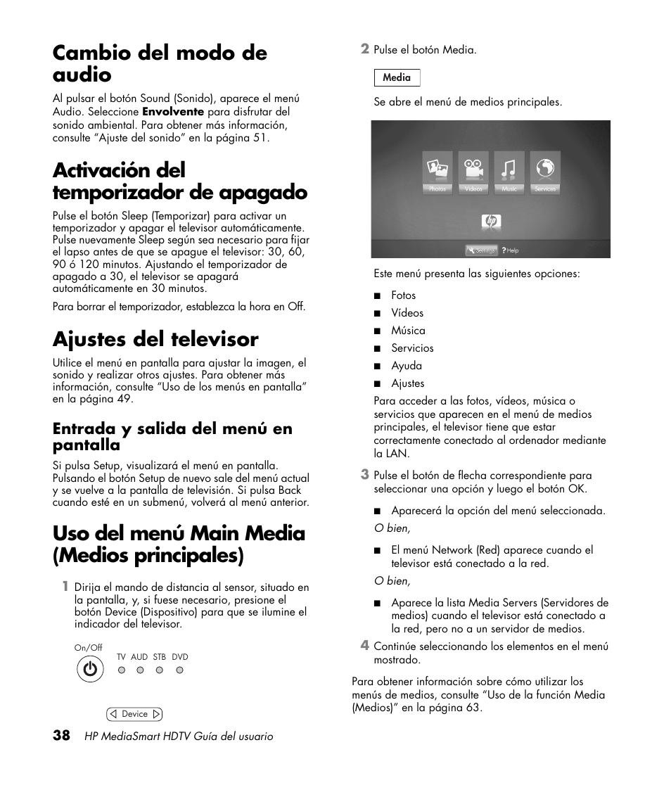 Cambio del modo de audio, Activación del temporizador de apagado, Ajustes del televisor | Entrada y salida del menú en pantalla, Uso del menú main media (medios principales) | HP MediaSmart SLC3760N User Manual | Page 256 / 310