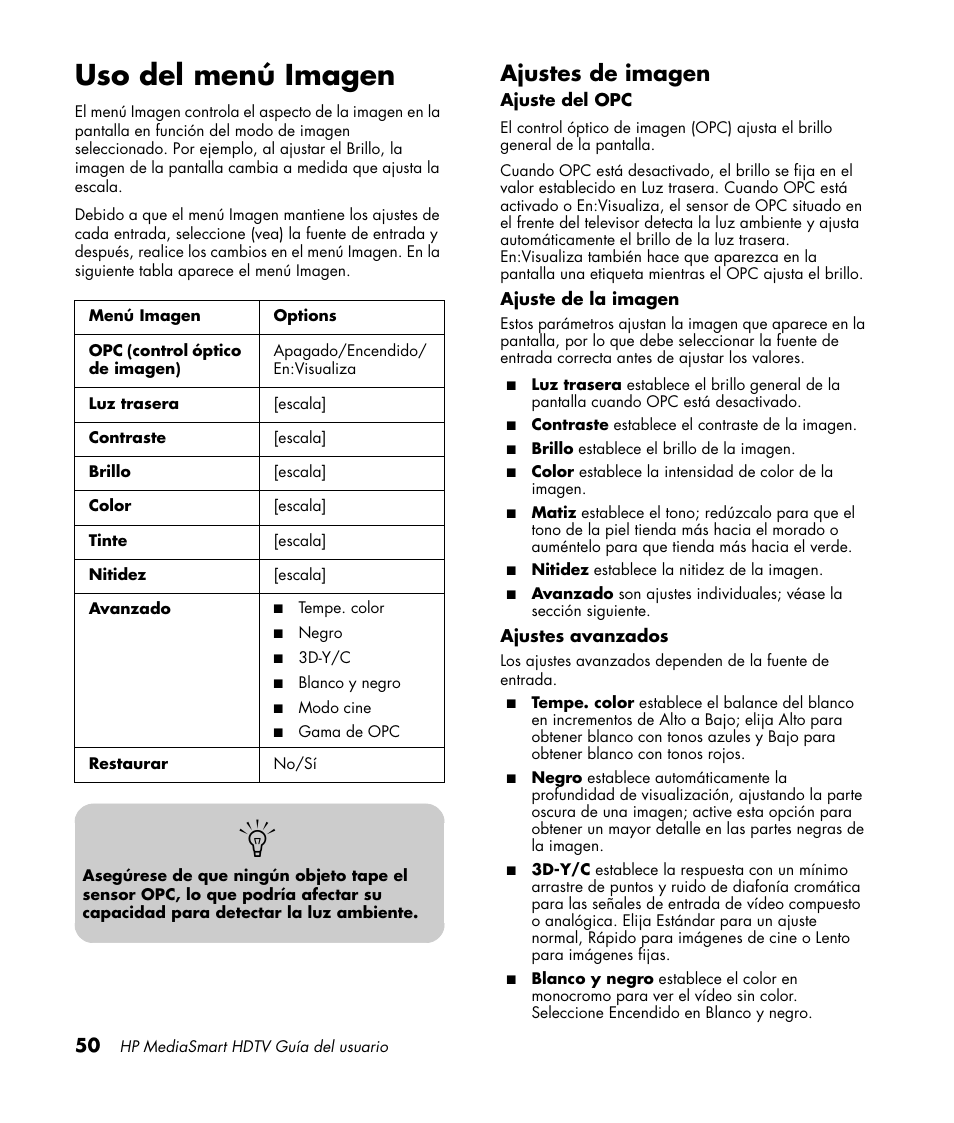 Uso del menú imagen, Ajustes de imagen | HP MediaSmart SLC3760N User Manual | Page 268 / 310