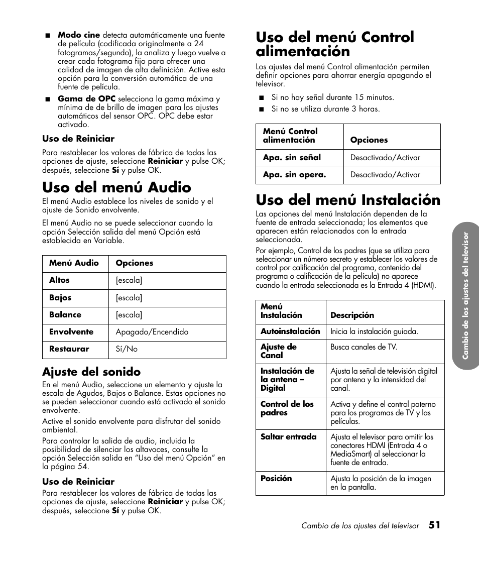 Uso del menú audio, Ajuste del sonido, Uso del menú control alimentación | Uso del menú instalación | HP MediaSmart SLC3760N User Manual | Page 269 / 310