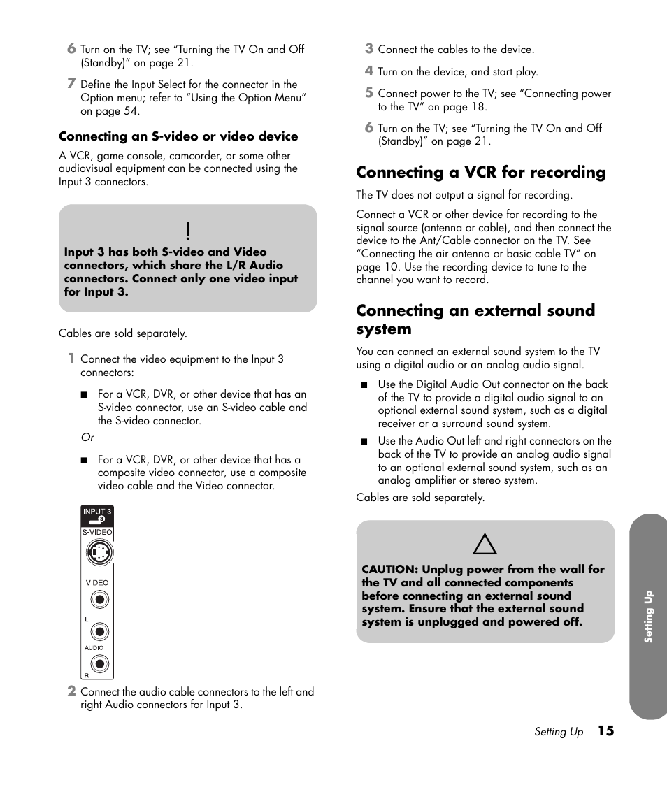 Connecting a vcr for recording, Connecting an external sound system | HP MediaSmart SLC3760N User Manual | Page 27 / 310