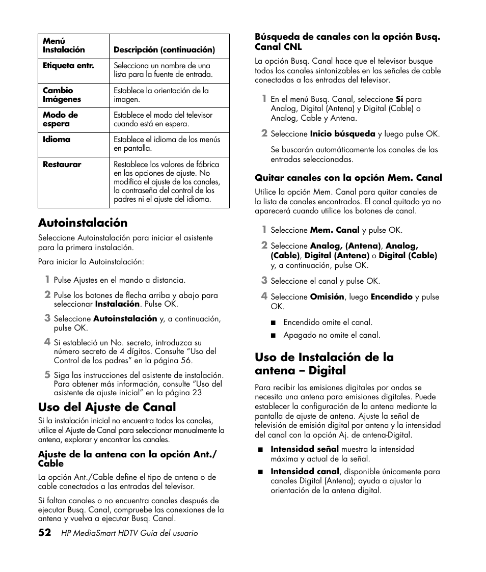 Autoinstalación, Uso del ajuste de canal, Uso de instalación de la antena - digital | Uso de instalación de la antena – digital | HP MediaSmart SLC3760N User Manual | Page 270 / 310