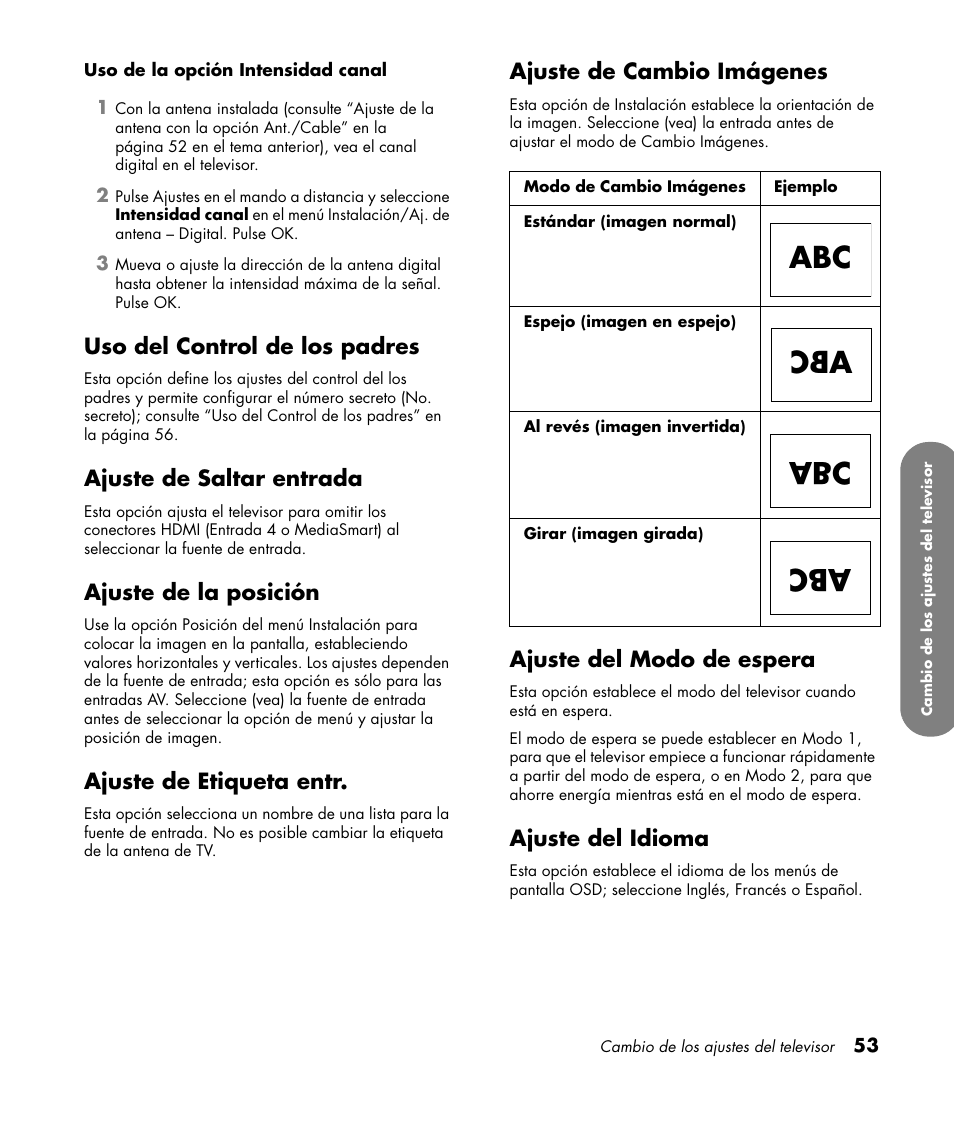 Uso del control de los padres, Ajuste de saltar entrada, Ajuste de la posición | Ajuste de etiqueta entr, Ajuste de cambio imágenes, Ajuste del modo de espera, Ajuste del idioma | HP MediaSmart SLC3760N User Manual | Page 271 / 310