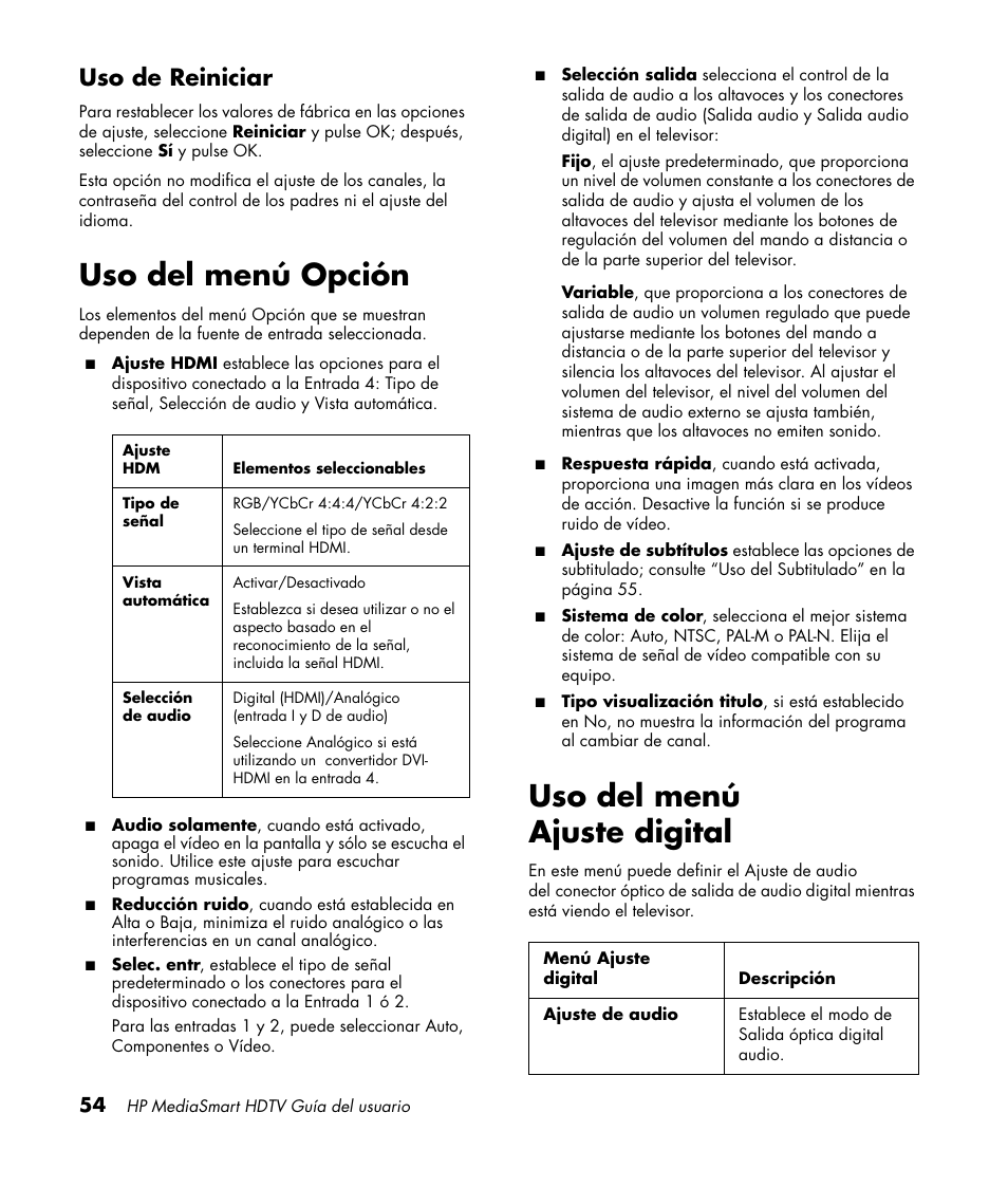 Uso de reiniciar, Uso del menú opción, Uso del menú ajuste digital | Uso del menú opción uso del menú ajuste digital, Uso del menú opción” en la | HP MediaSmart SLC3760N User Manual | Page 272 / 310