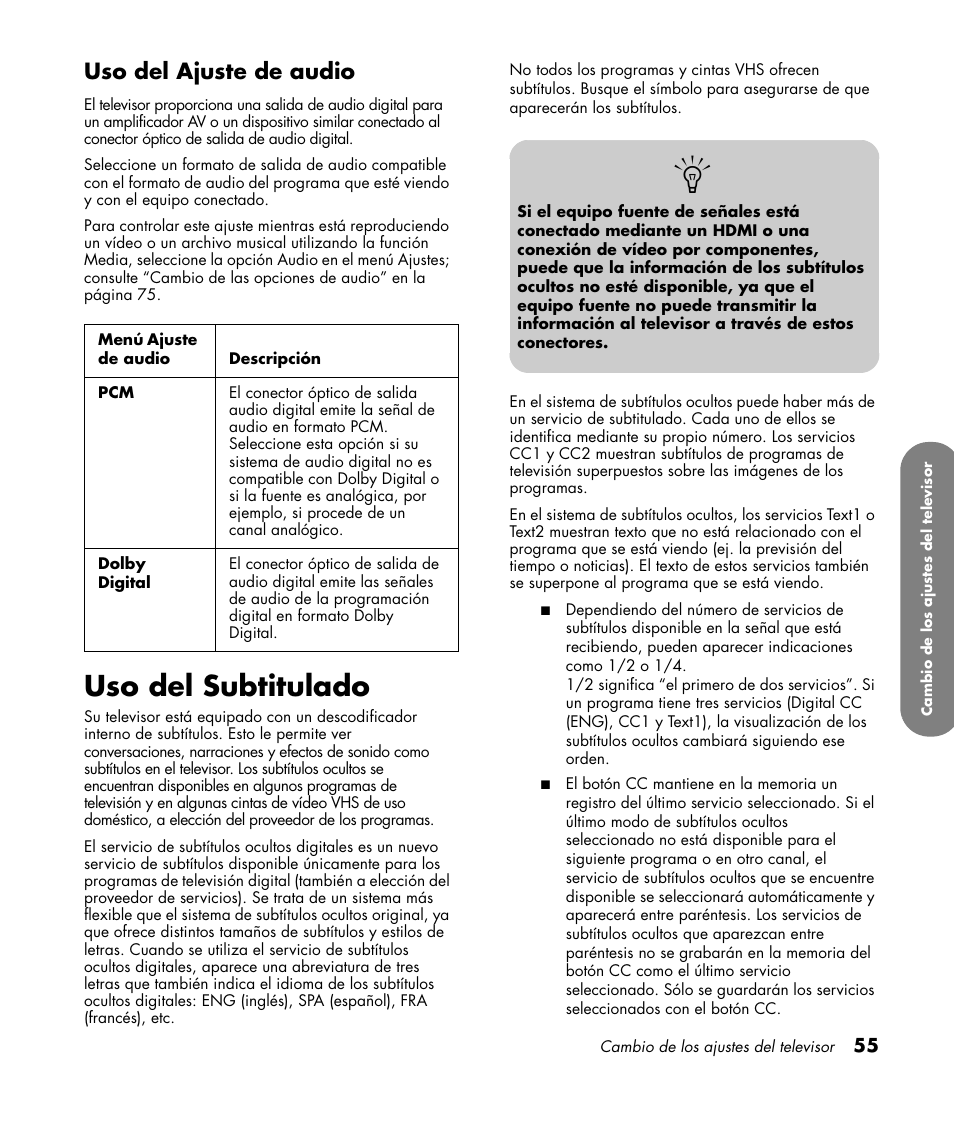 Uso del ajuste de audio, Uso del subtitulado | HP MediaSmart SLC3760N User Manual | Page 273 / 310