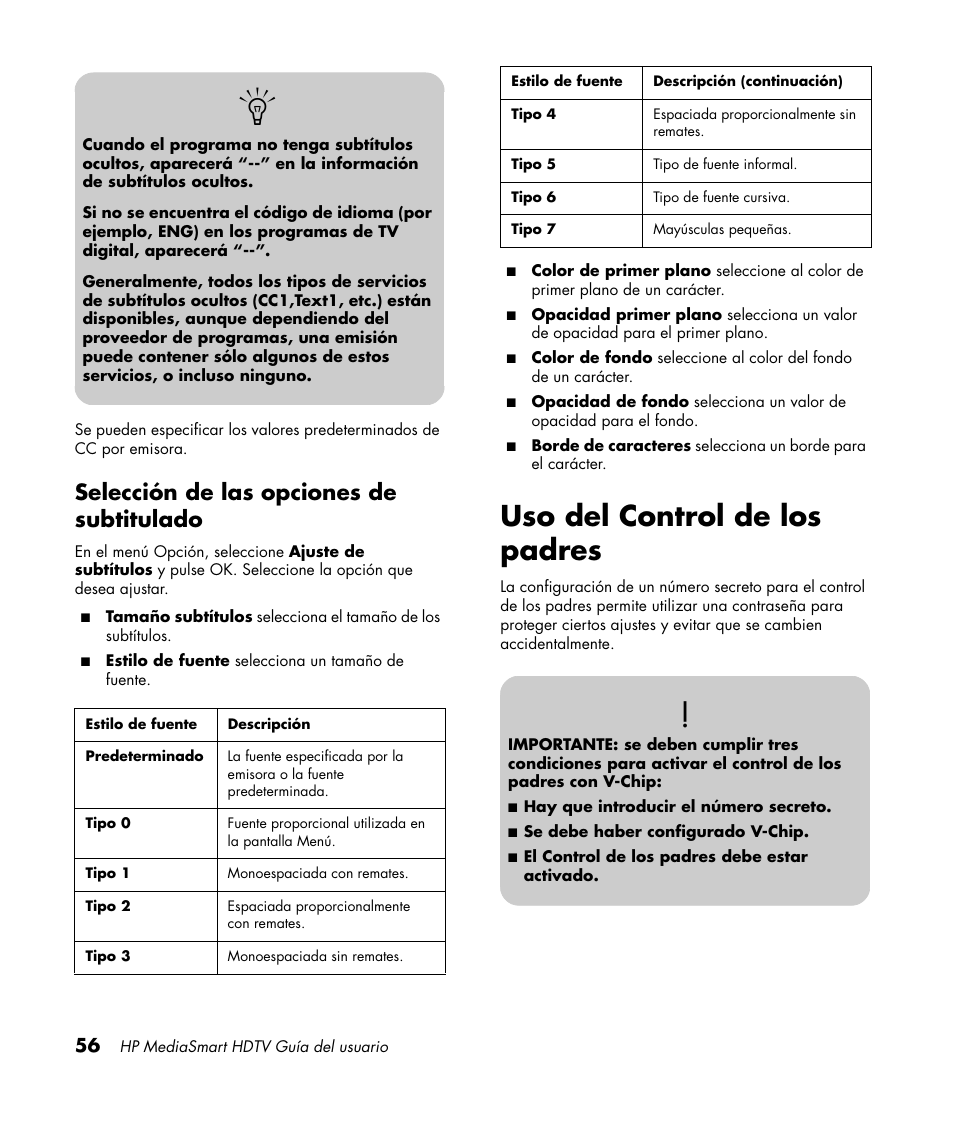 Selección de las opciones de subtitulado, Uso del control de los padres | HP MediaSmart SLC3760N User Manual | Page 274 / 310