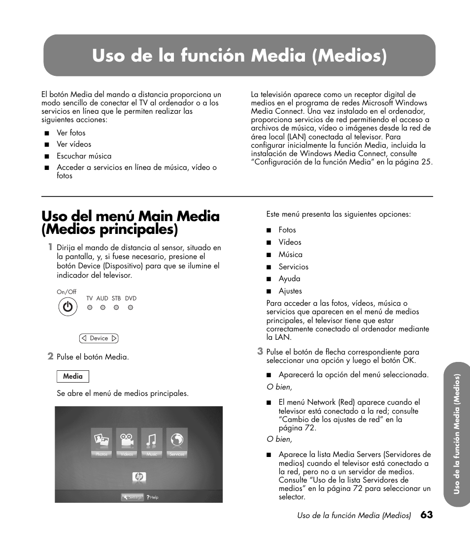 Uso del menú main media (medios principales), Uso de la función media (medios) | HP MediaSmart SLC3760N User Manual | Page 281 / 310