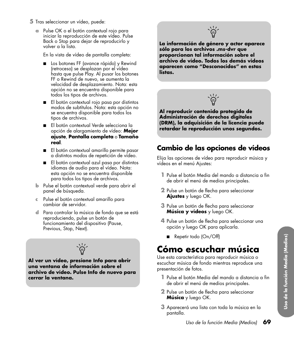 Cambio de las opciones de vídeos, Cómo escuchar música | HP MediaSmart SLC3760N User Manual | Page 287 / 310