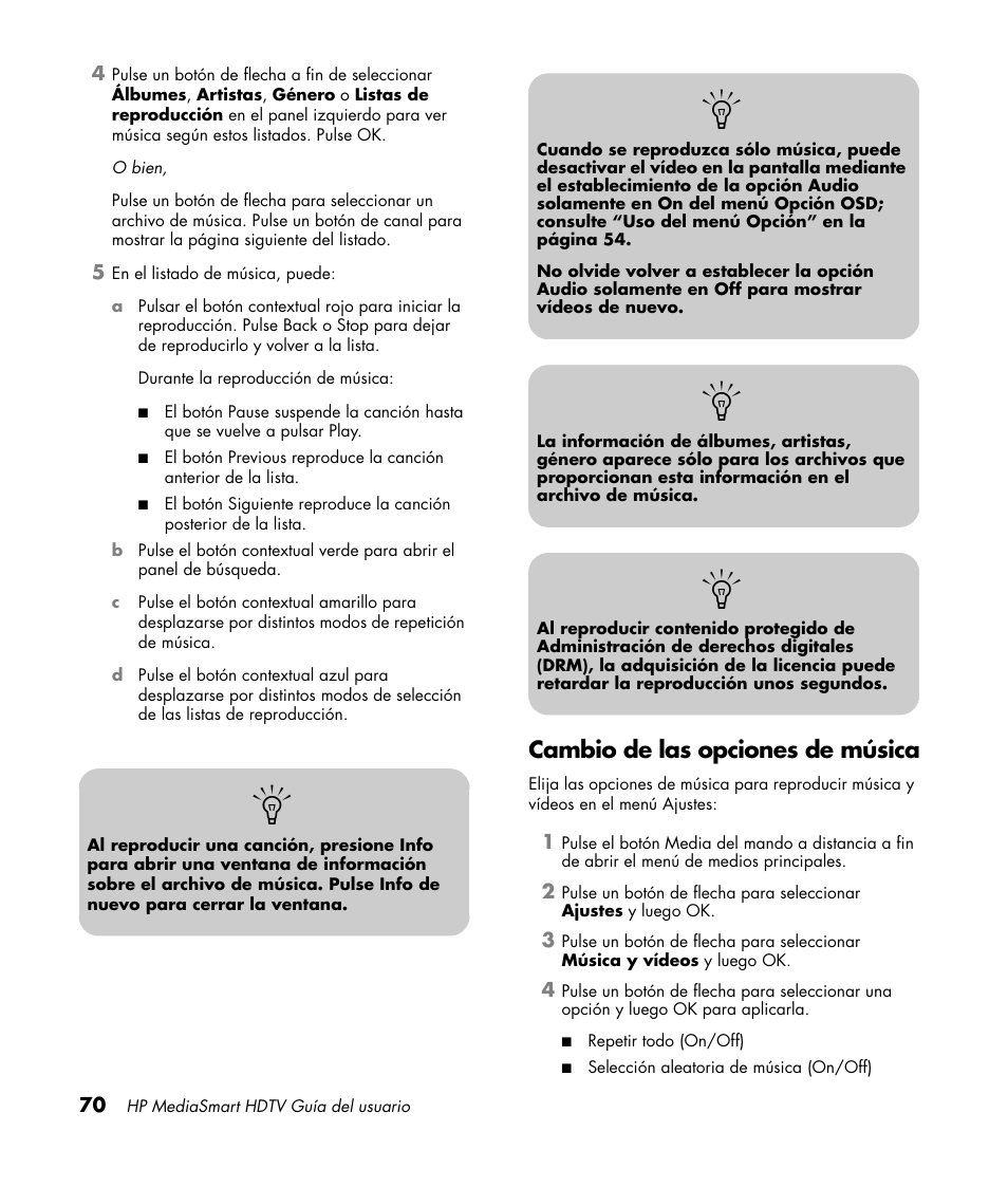 Cambio de las opciones de música | HP MediaSmart SLC3760N User Manual | Page 288 / 310