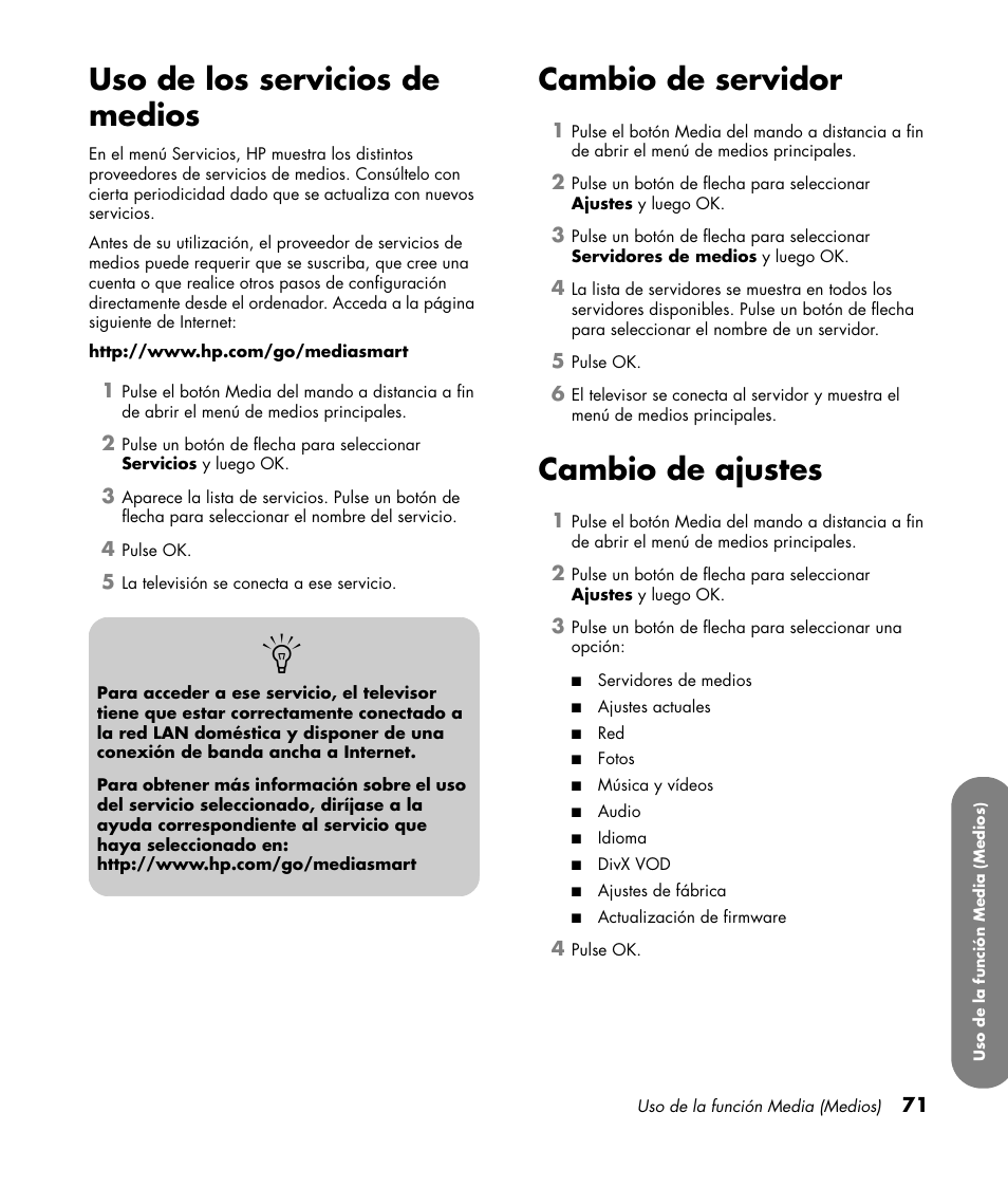 Uso de los servicios de medios, Cambio de servidor, Cambio de ajustes | HP MediaSmart SLC3760N User Manual | Page 289 / 310