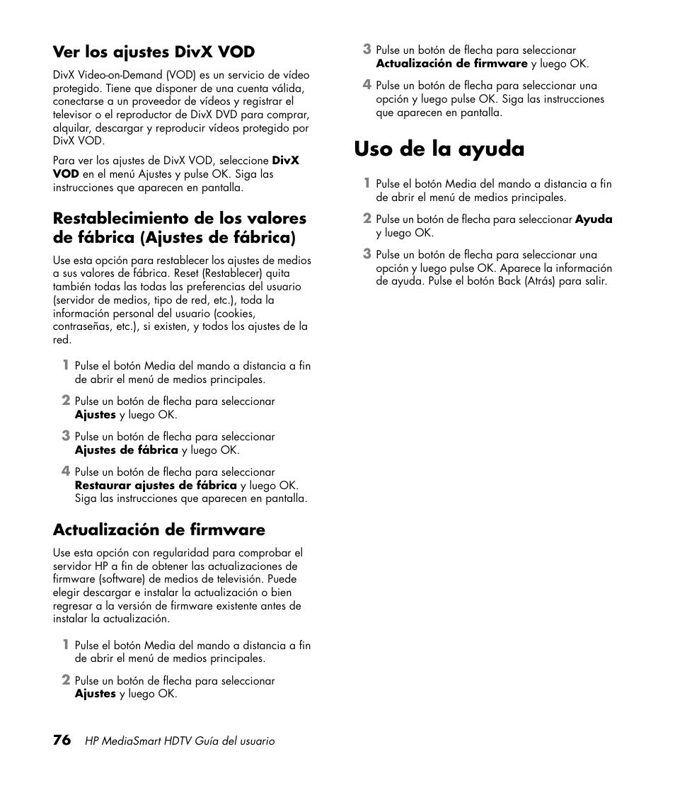 Ver los ajustes divx vod, Actualización de firmware, Uso de la ayuda | HP MediaSmart SLC3760N User Manual | Page 294 / 310