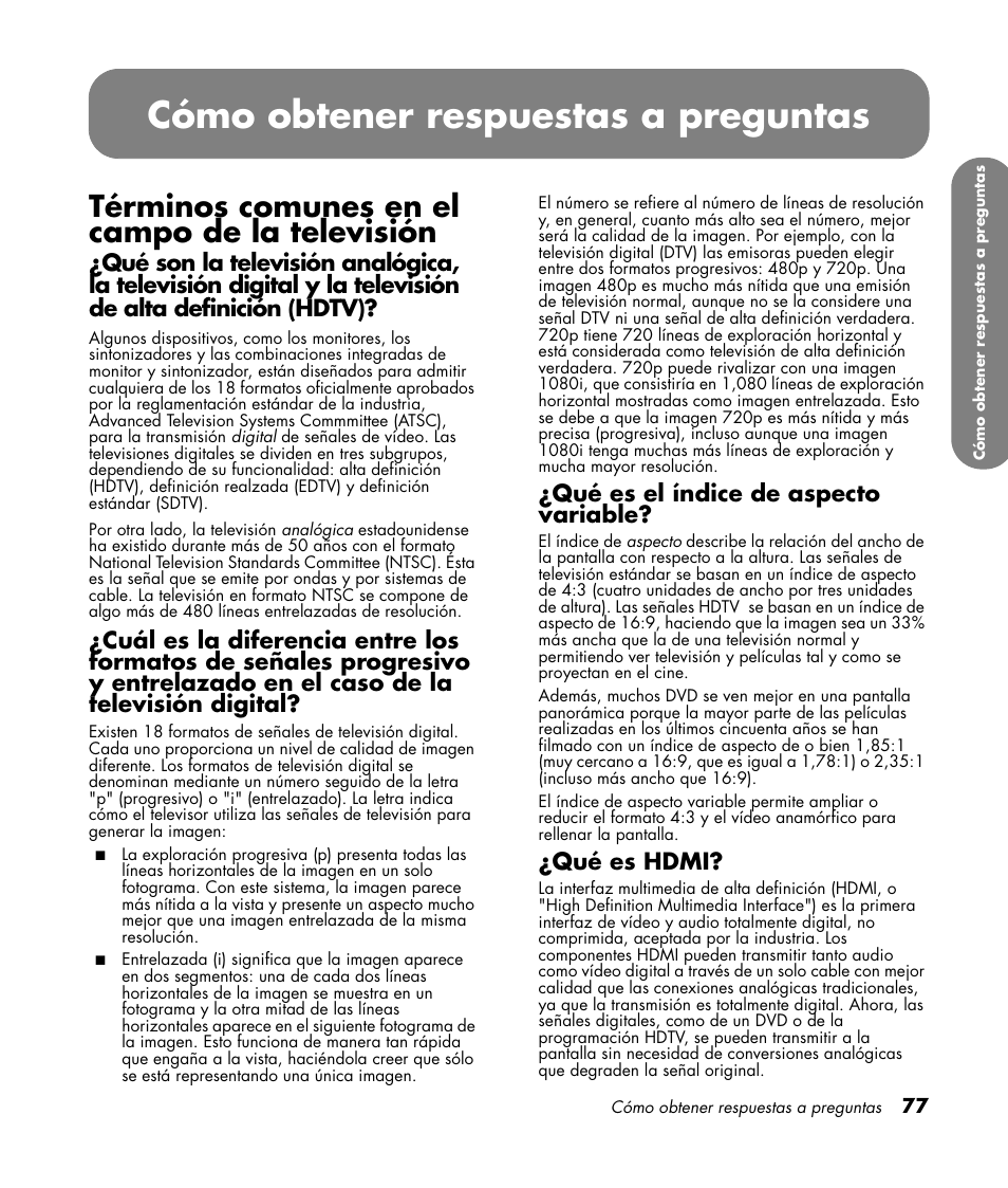 Términos comunes en el campo de la televisión, Qué es el índice de aspecto variable, Qué es hdmi | Cómo obtener respuestas a preguntas | HP MediaSmart SLC3760N User Manual | Page 295 / 310