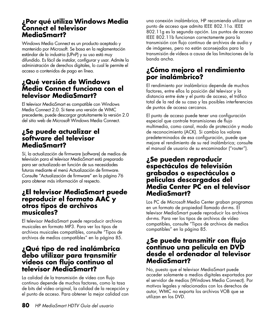 Cómo mejoro el rendimiento por inalámbrico | HP MediaSmart SLC3760N User Manual | Page 298 / 310