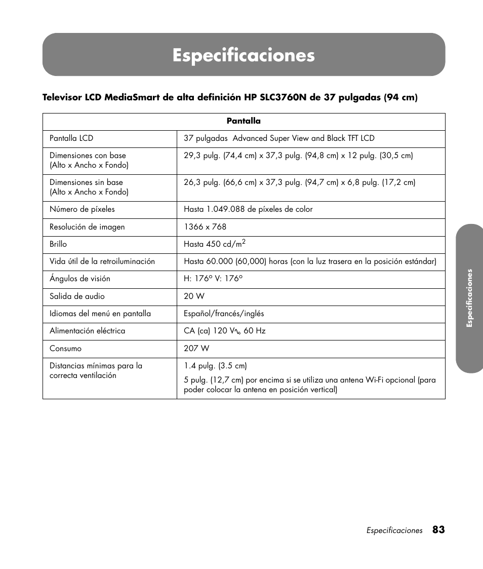 Especificaciones | HP MediaSmart SLC3760N User Manual | Page 301 / 310