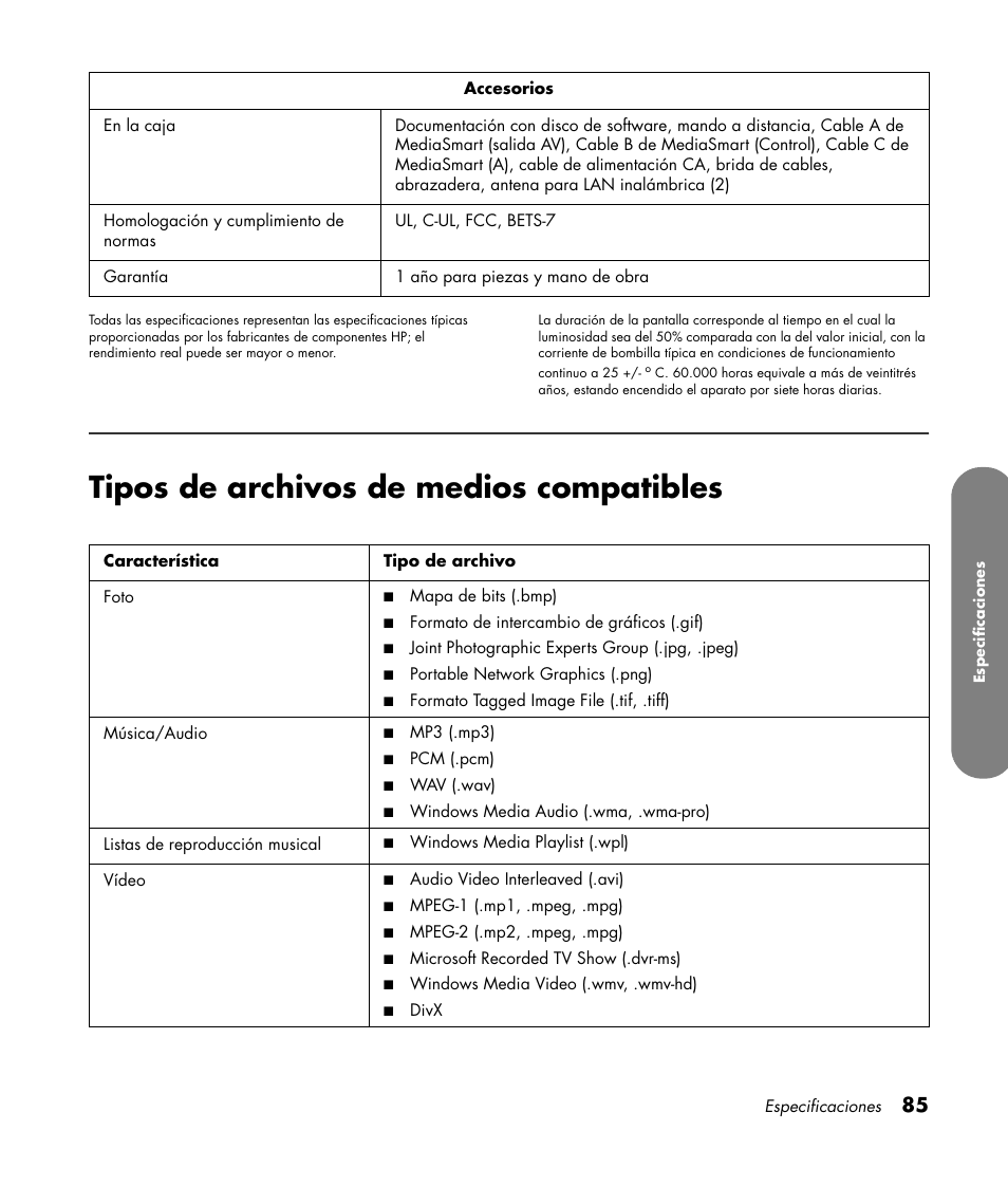 Tipos de archivos de medios compatibles | HP MediaSmart SLC3760N User Manual | Page 303 / 310