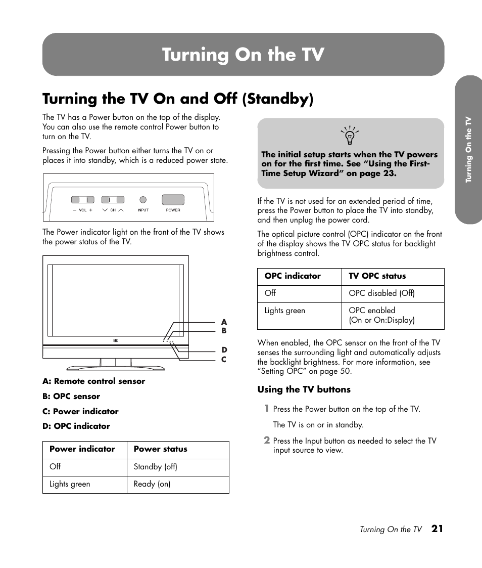 Turning the tv on and off (standby), Turning on the tv | HP MediaSmart SLC3760N User Manual | Page 33 / 310