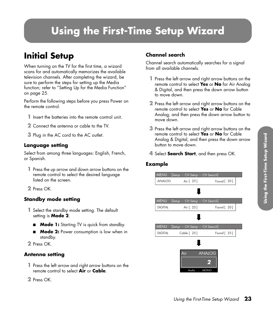 Initial setup, Using the first-time setup wizard | HP MediaSmart SLC3760N User Manual | Page 35 / 310