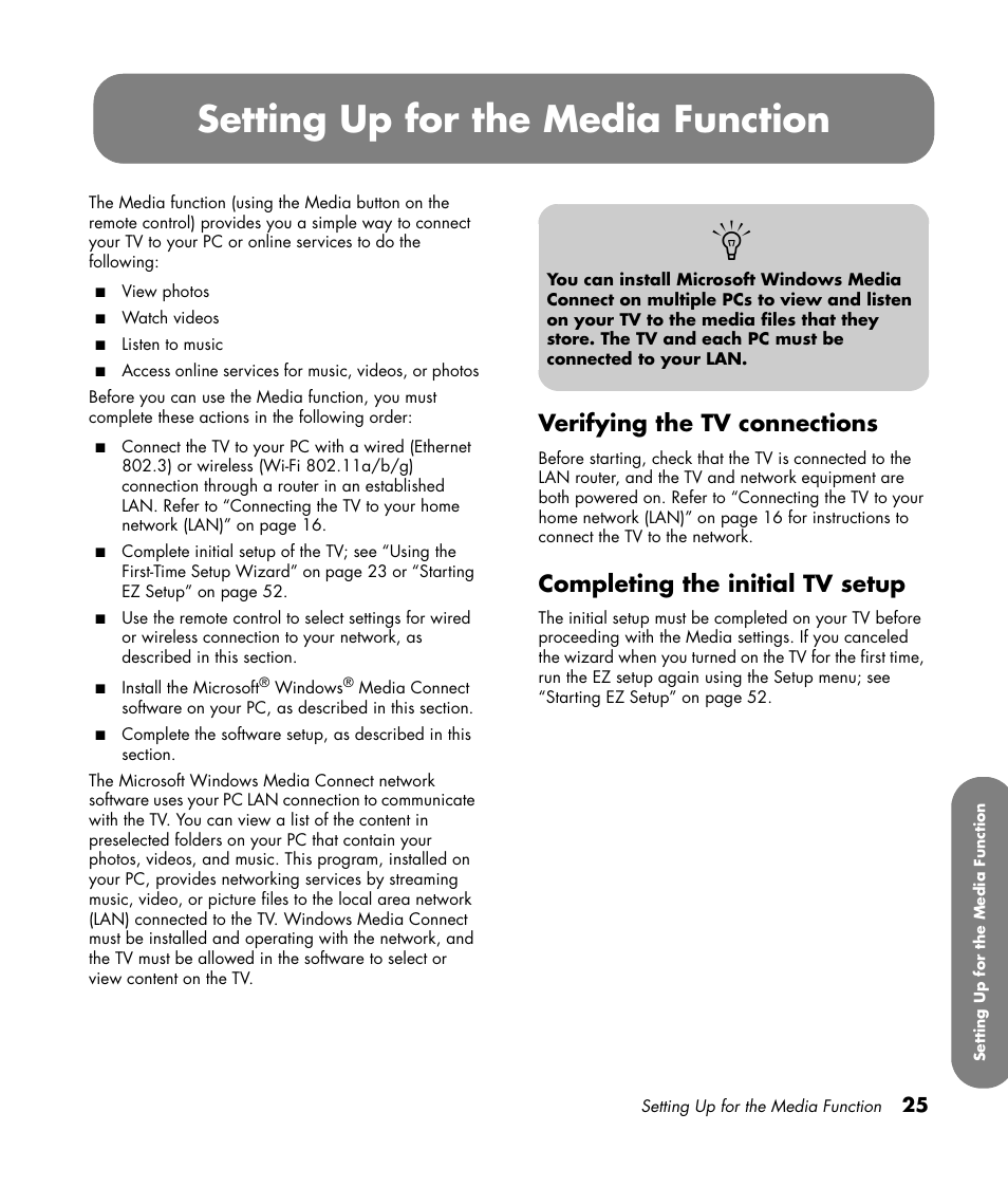 Verifying the tv connections, Completing the initial tv setup, Setting up for the media function | HP MediaSmart SLC3760N User Manual | Page 37 / 310