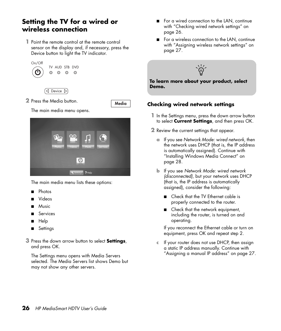 Setting the tv for a wired or wireless connection | HP MediaSmart SLC3760N User Manual | Page 38 / 310