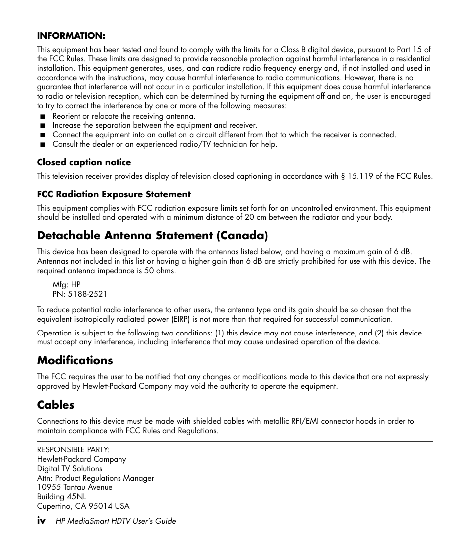 Detachable antenna statement (canada), Modifications, Cables | HP MediaSmart SLC3760N User Manual | Page 4 / 310