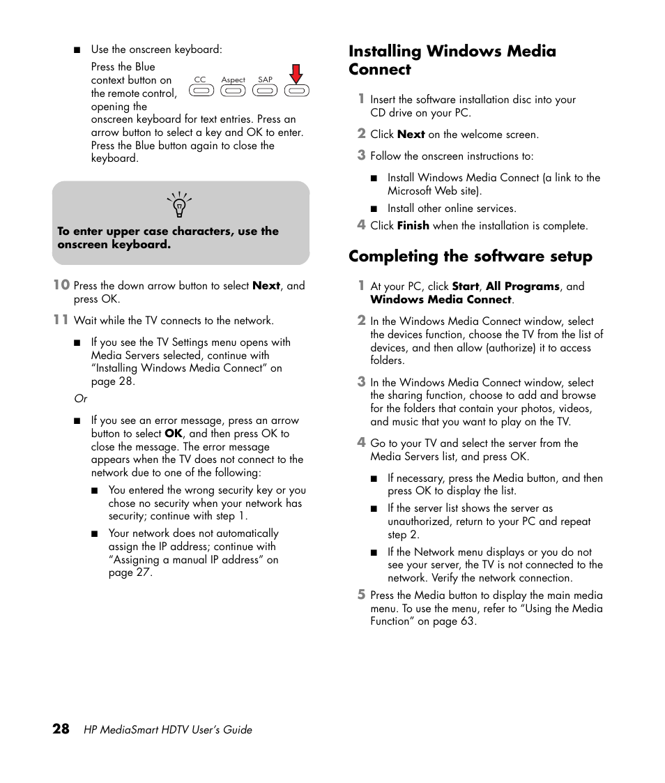 Installing windows media connect, Completing the software setup | HP MediaSmart SLC3760N User Manual | Page 40 / 310