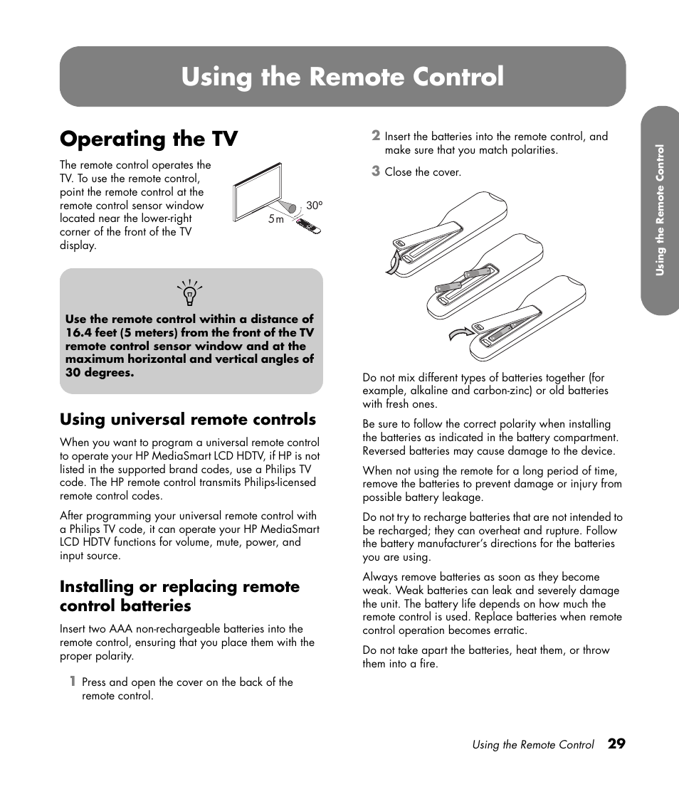 Operating the tv, Using universal remote controls, Installing or replacing remote control batteries | Using the remote control | HP MediaSmart SLC3760N User Manual | Page 41 / 310