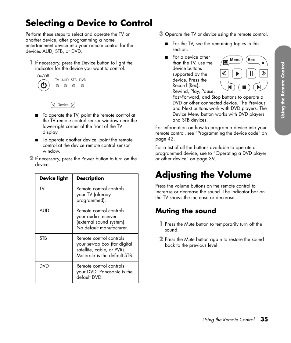 Selecting a device to control, Adjusting the volume, Muting the sound | Selecting a device to control adjusting the volume | HP MediaSmart SLC3760N User Manual | Page 47 / 310