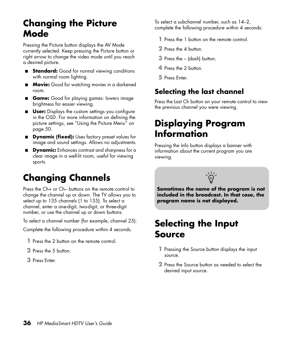 Changing the picture mode, Changing channels, Selecting the last channel | Displaying program information, Selecting the input source, Changing the picture mode changing channels | HP MediaSmart SLC3760N User Manual | Page 48 / 310