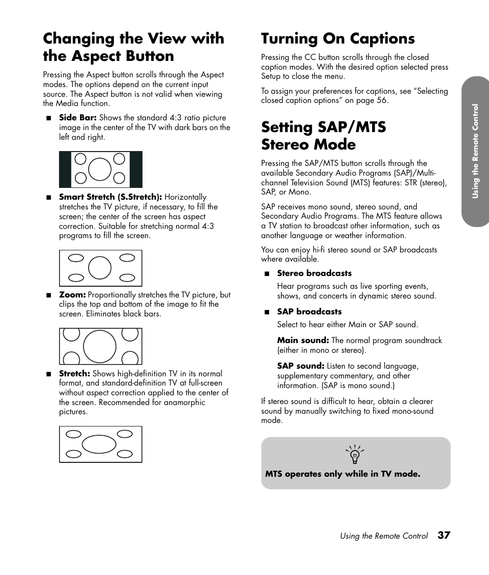 Changing the view with the aspect button, Turning on captions, Setting sap/mts stereo mode | HP MediaSmart SLC3760N User Manual | Page 49 / 310