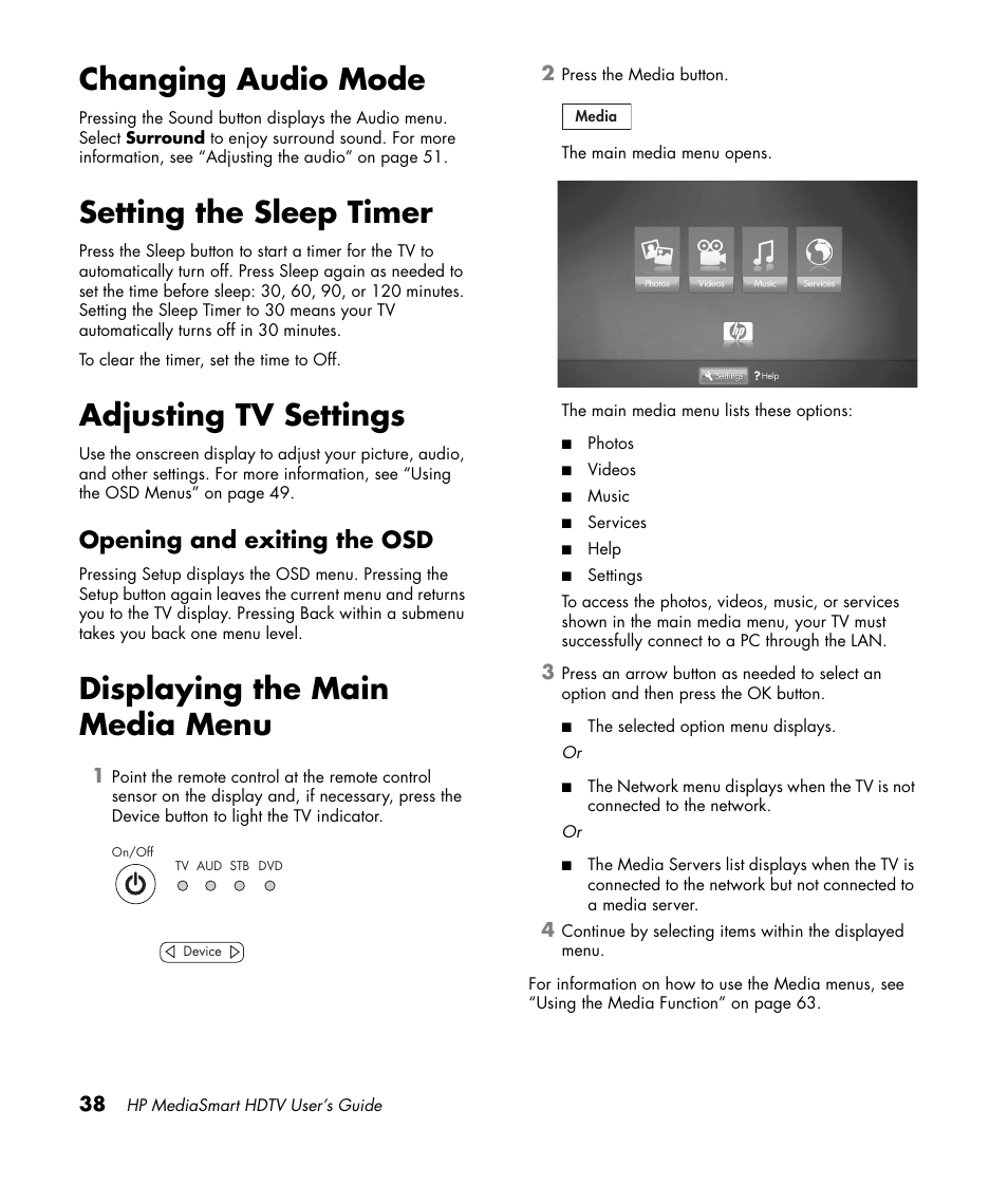 Changing audio mode, Setting the sleep timer, Adjusting tv settings | Opening and exiting the osd, Displaying the main media menu | HP MediaSmart SLC3760N User Manual | Page 50 / 310