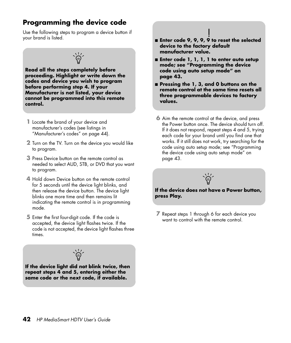 Programming the device code | HP MediaSmart SLC3760N User Manual | Page 54 / 310