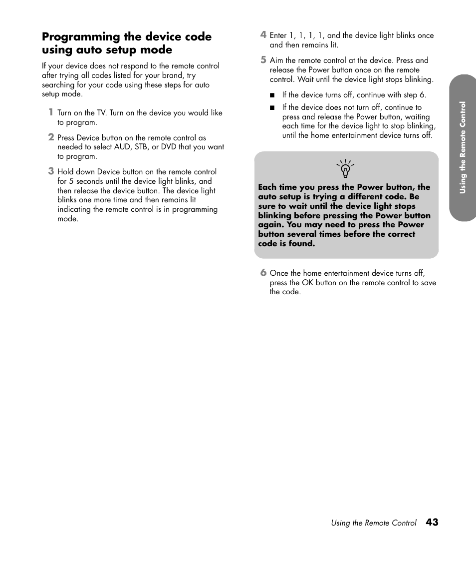 Programming the device code using auto setup mode | HP MediaSmart SLC3760N User Manual | Page 55 / 310