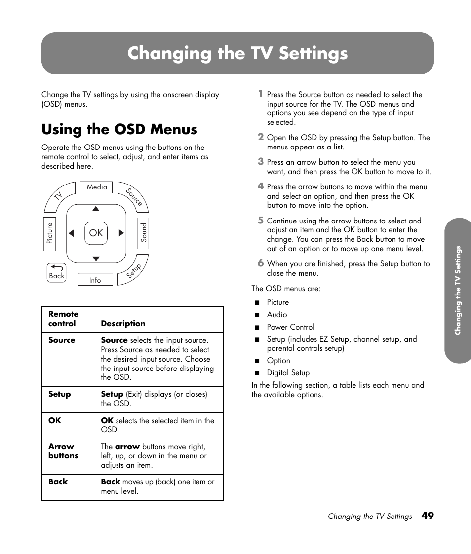 Using the osd menus, Changing the tv settings | HP MediaSmart SLC3760N User Manual | Page 61 / 310